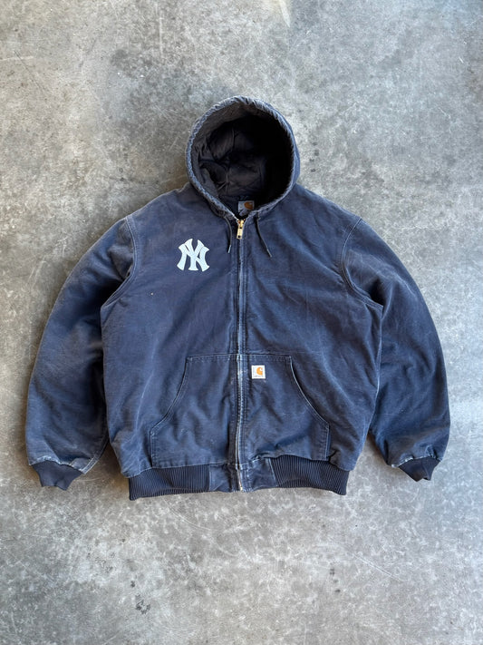 Vintage Dark Navy Distressed Hooded Yankees Jacket - XL