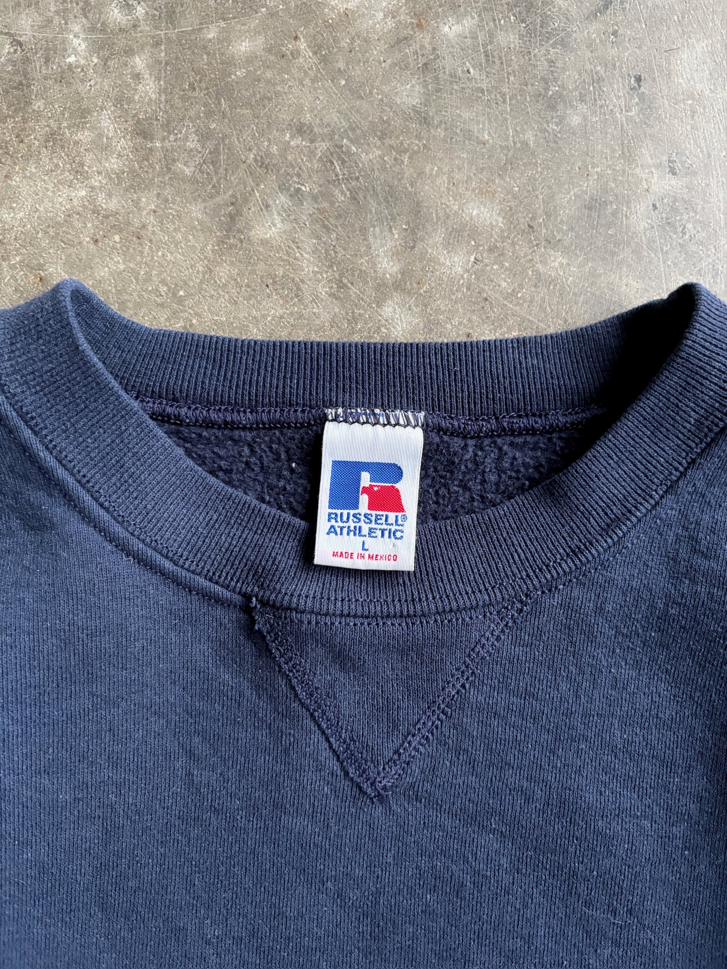 Vintage Navy Blank Russell Crew - L