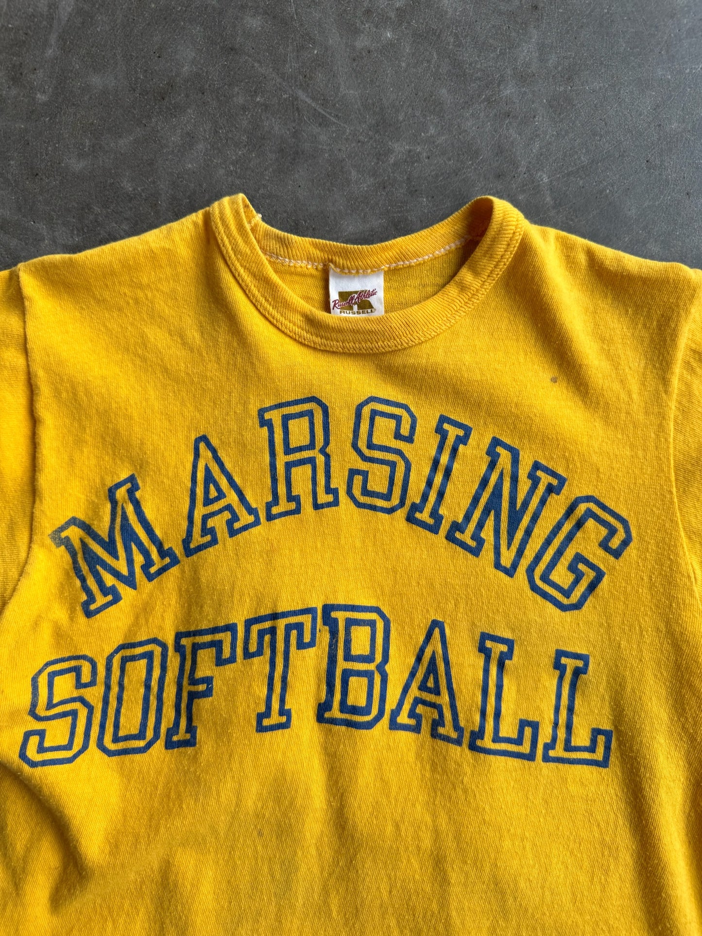 True Vintage Single Stitch Yellow Marsing Softball Distressed Tee - S