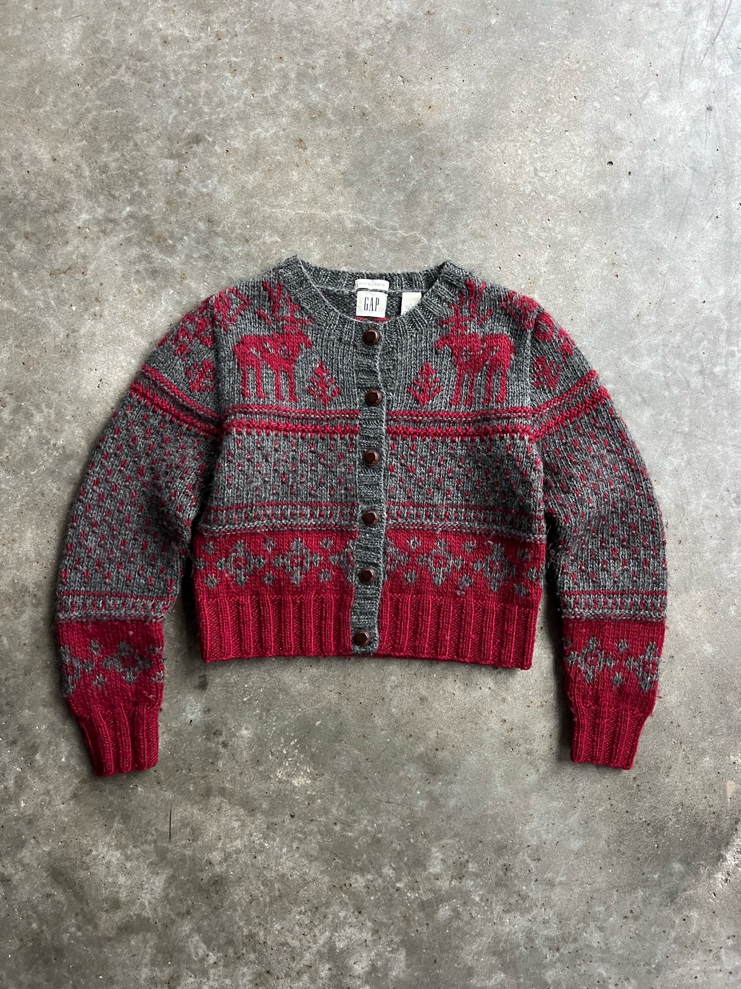 Vintage Holiday Pattern Hand Knit Wool Gap Cardigan - S