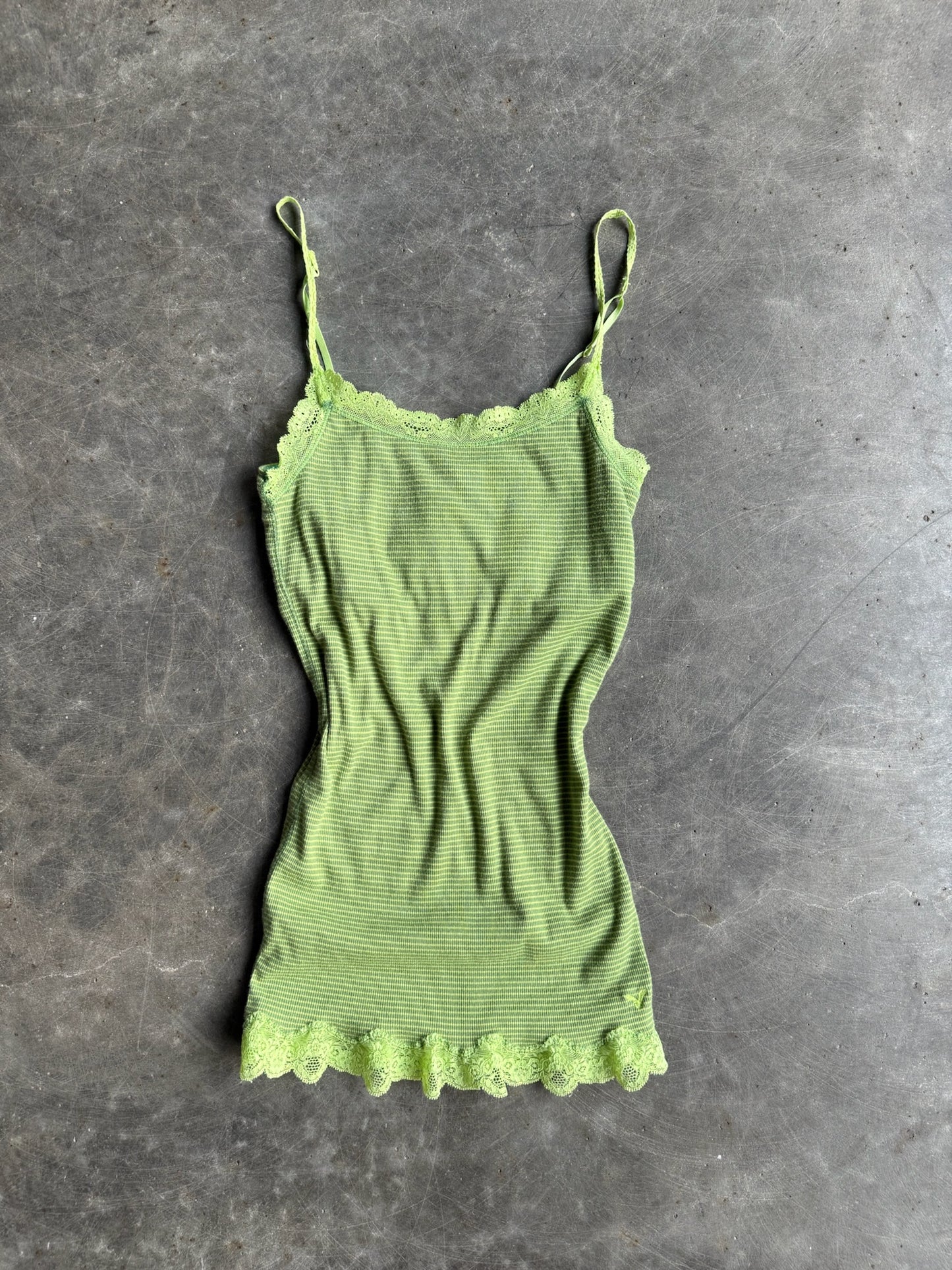 Vintage Green Striped Lace Trimmed Top - M