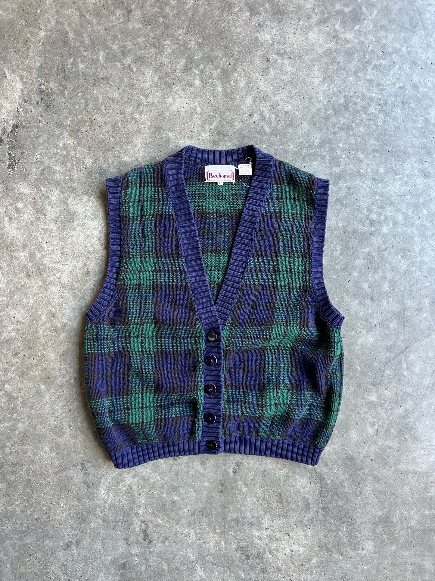 Vintage Navy/Green Plaid Sweater Vest - L