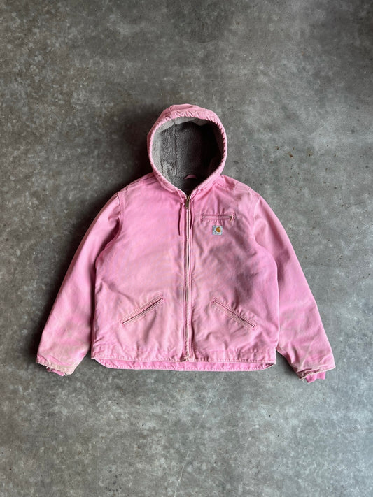 Faded Baby Pink Sherpa Lined Hooded Carhartt Jacket - XL