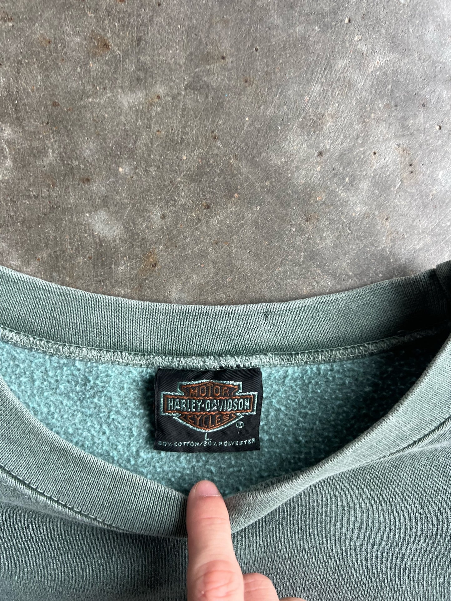 Vintage Faded Green Harley Davidson Crew - L