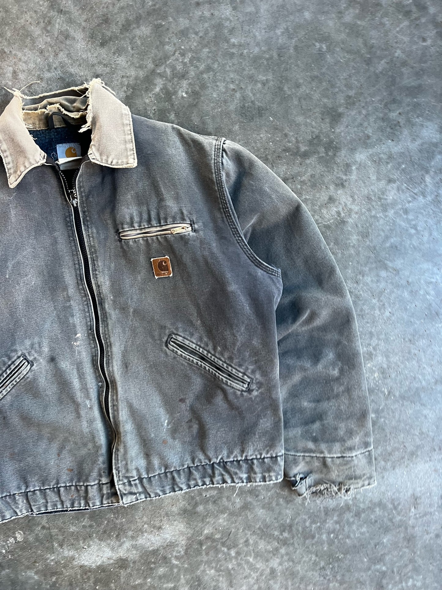 Vintage Distressed Faded Grey Flannel Lined Carhartt Detroit Jacket - L