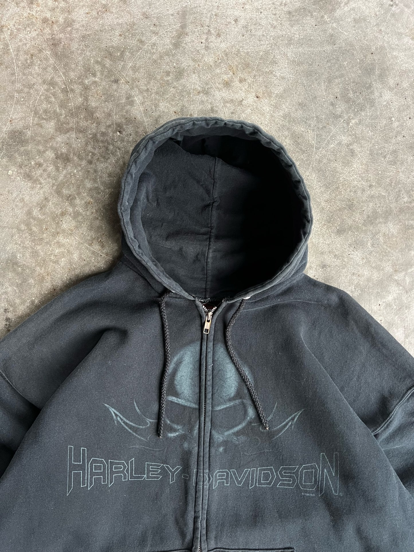 Vintage Black Skull Harley Davidson Zip Up Hoodie - L