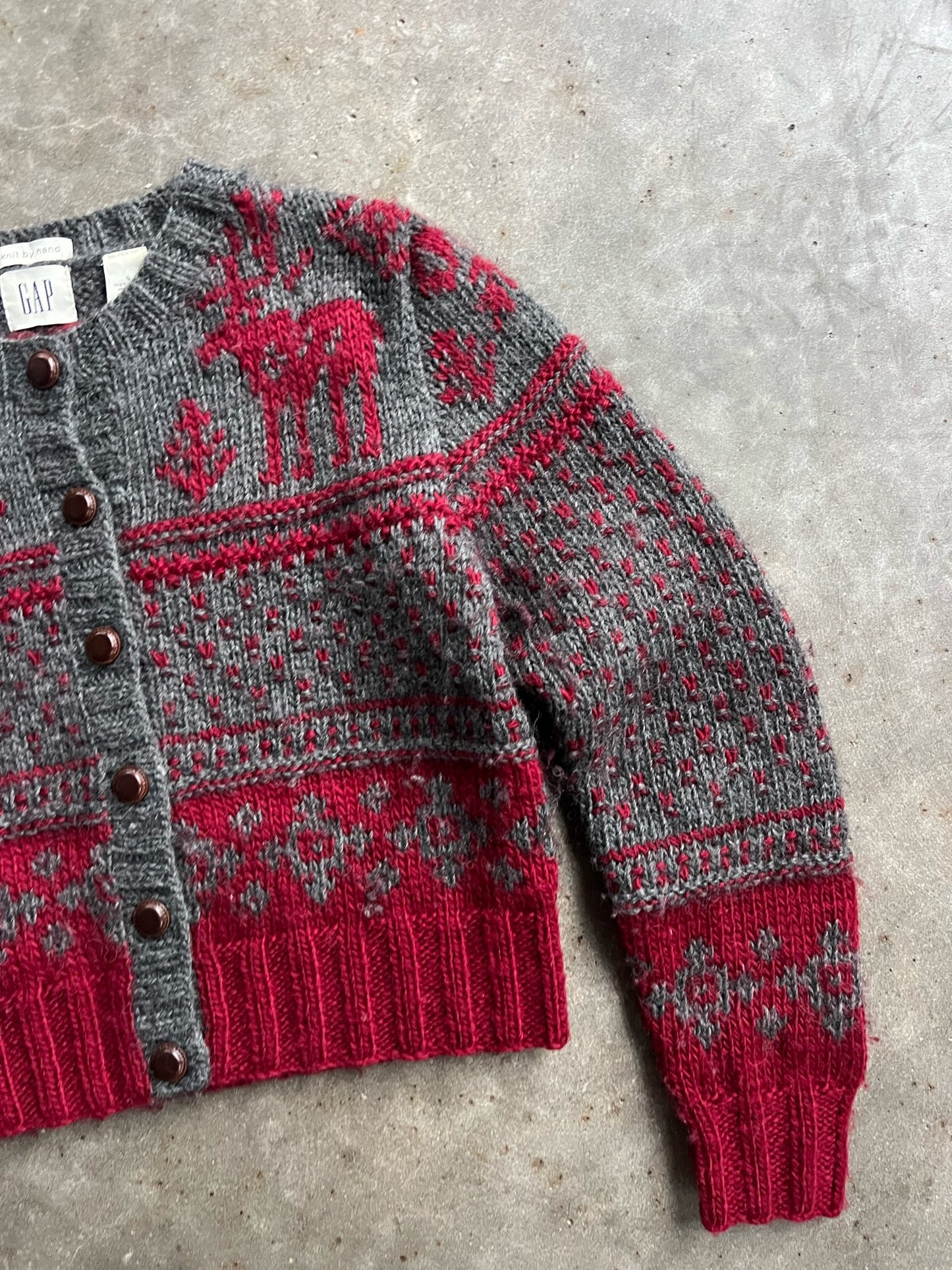 Vintage Holiday Pattern Hand Knit Wool Gap Cardigan - S