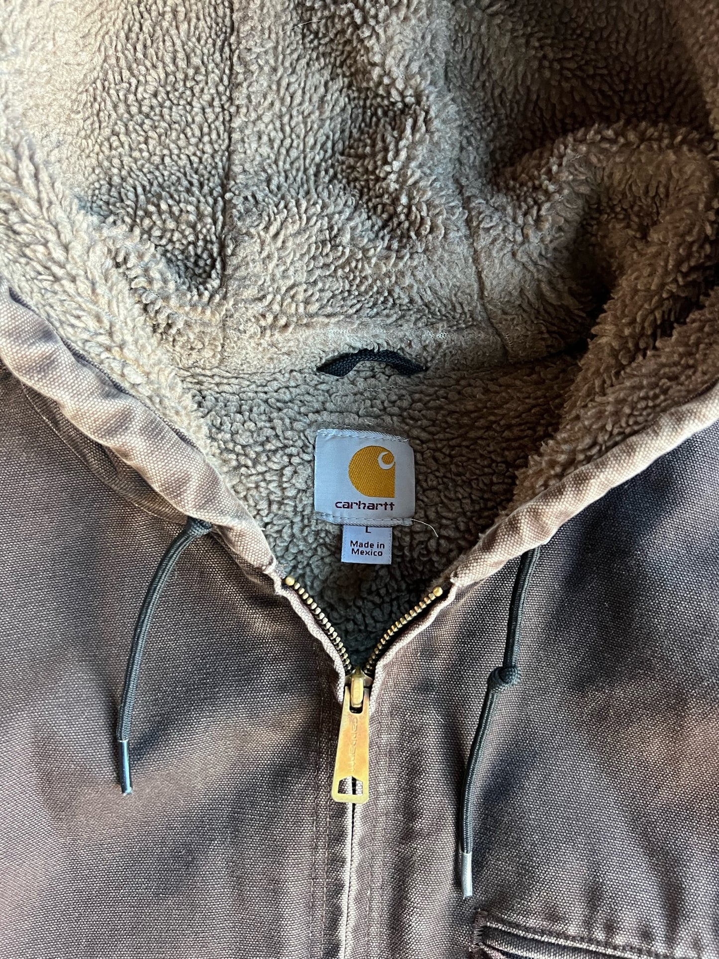 Vintage Faded Brown Sherpa Lined Hooded Carhartt Jacket - L