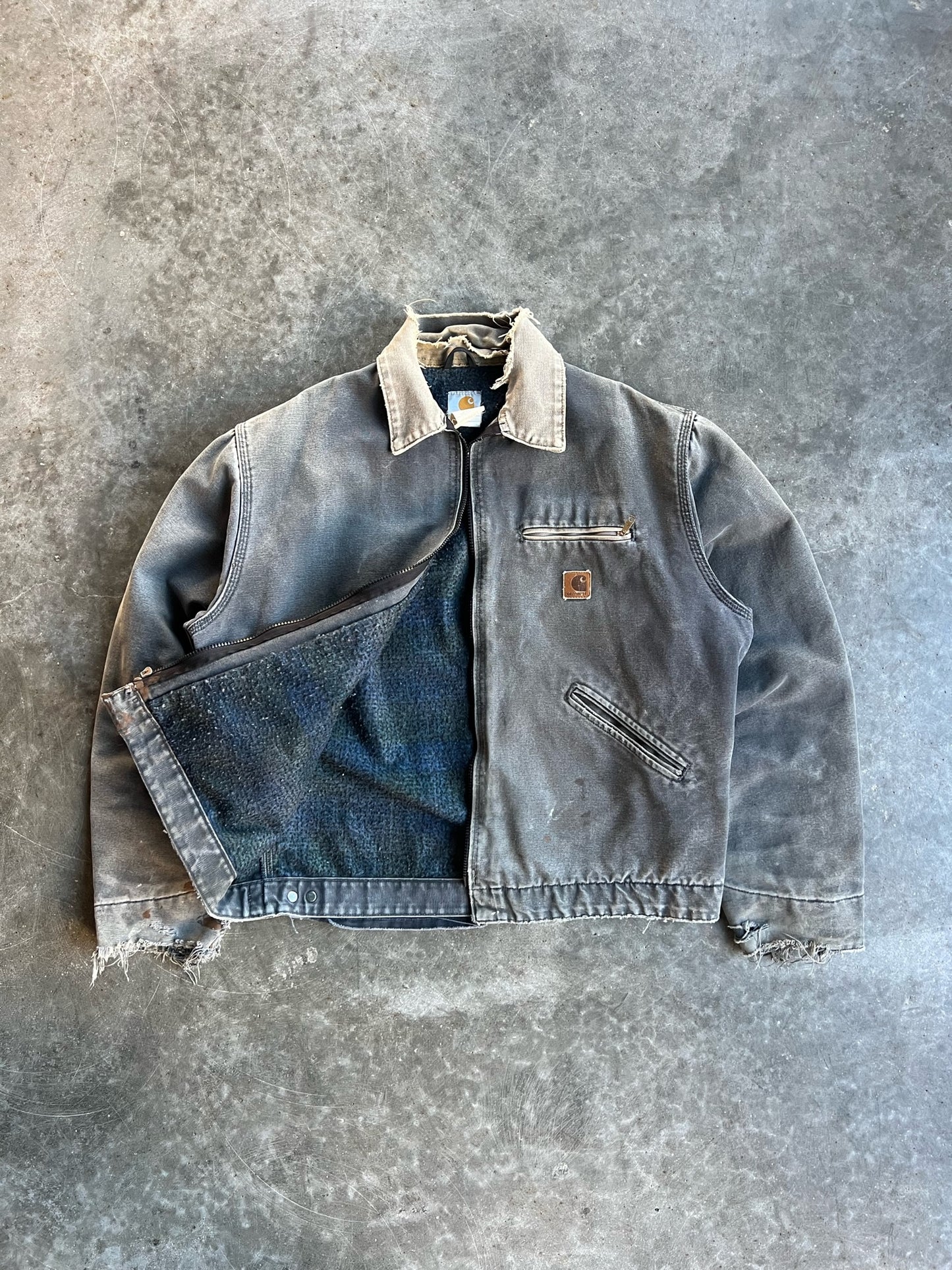 Vintage Distressed Faded Grey Flannel Lined Carhartt Detroit Jacket - L