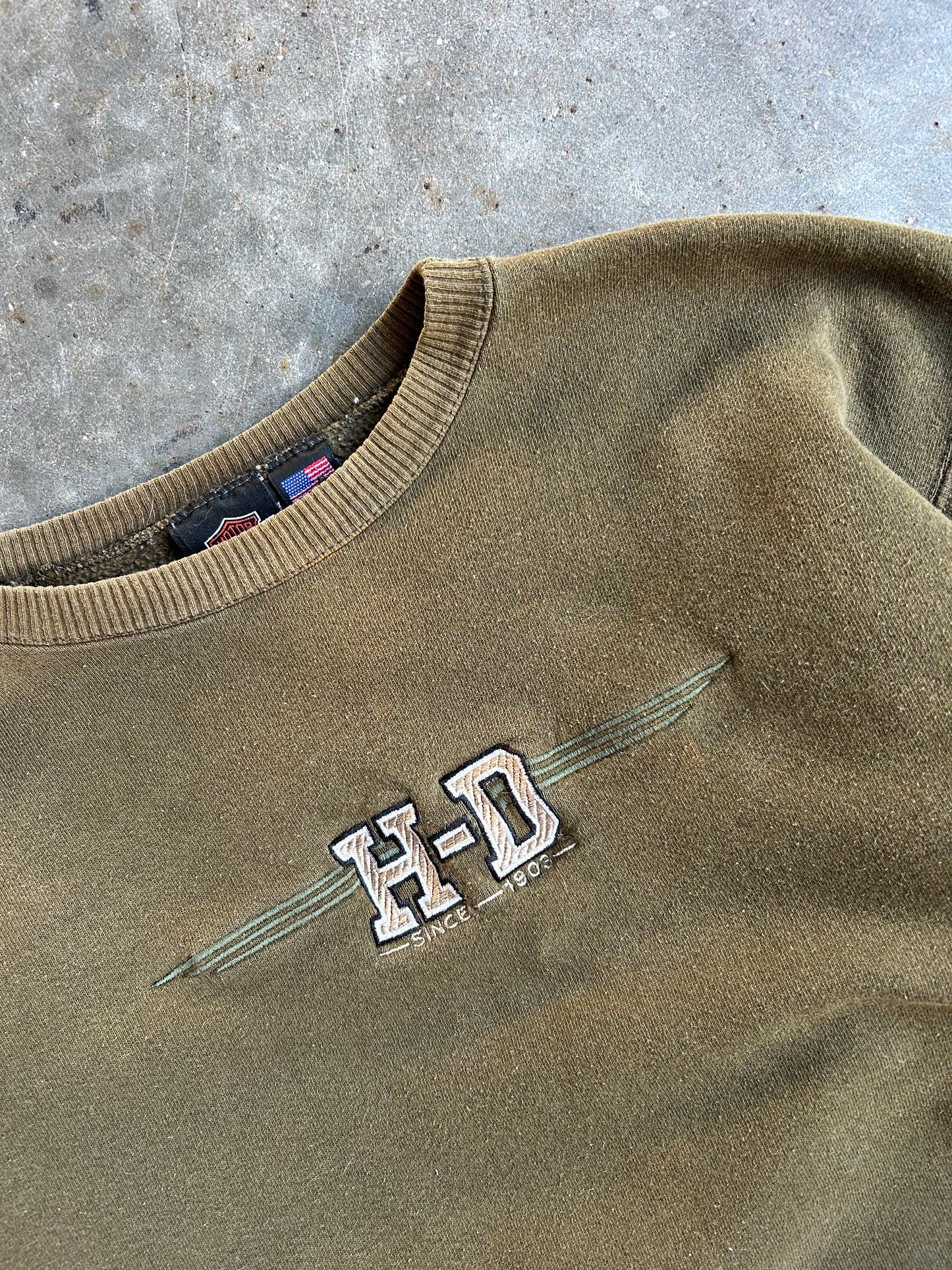 Vintage Army Green Harley Davidson Crew - XL