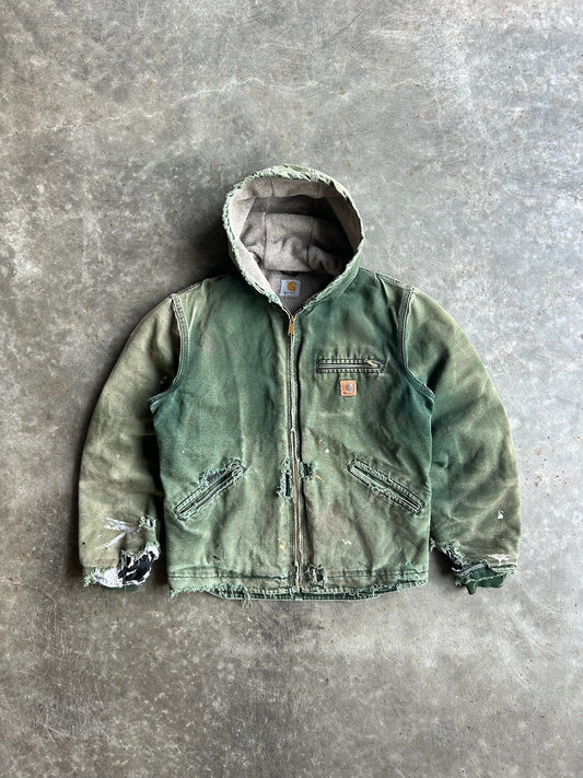 Vintage Thrashed Green Sherpa Lined Hooded Carhartt Jacket - L