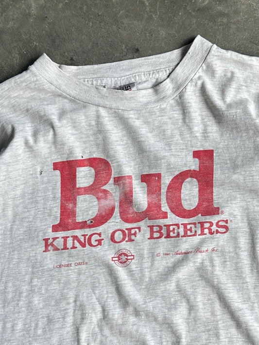 Vintage Single-Stitch Grey 1990 Bud King Of Beers Cropped Tee - XL
