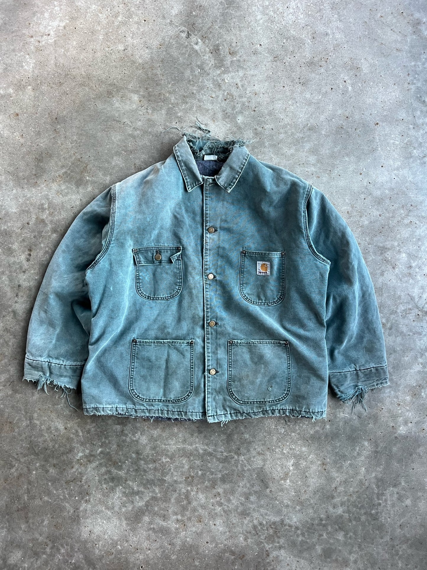 Vintage Faded Blue Green Flannel Lined Button Up Carhartt Jacket - XXL