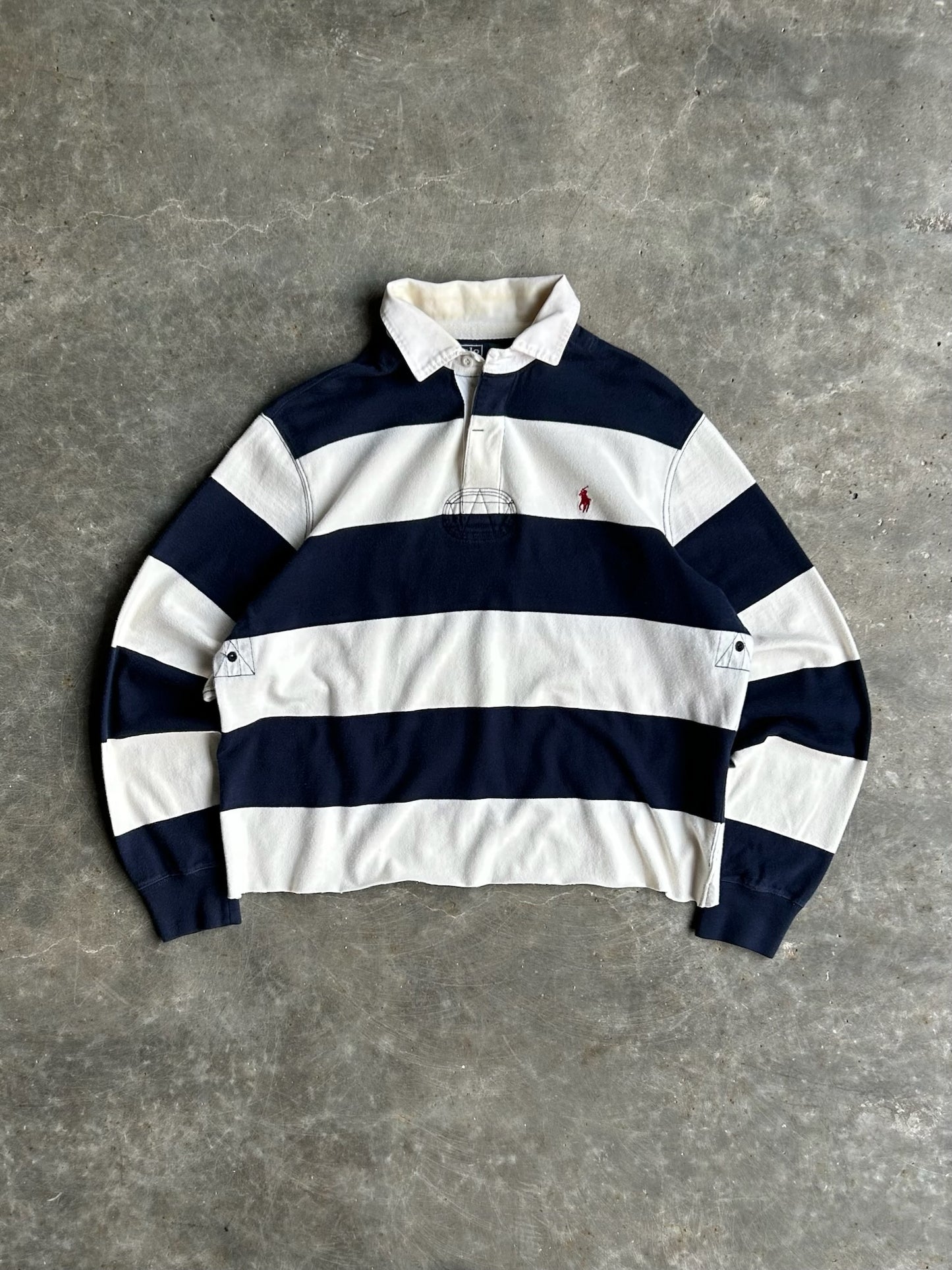 Vintage Navy Striped Cropped Polo Rugby Long Sleeve - L