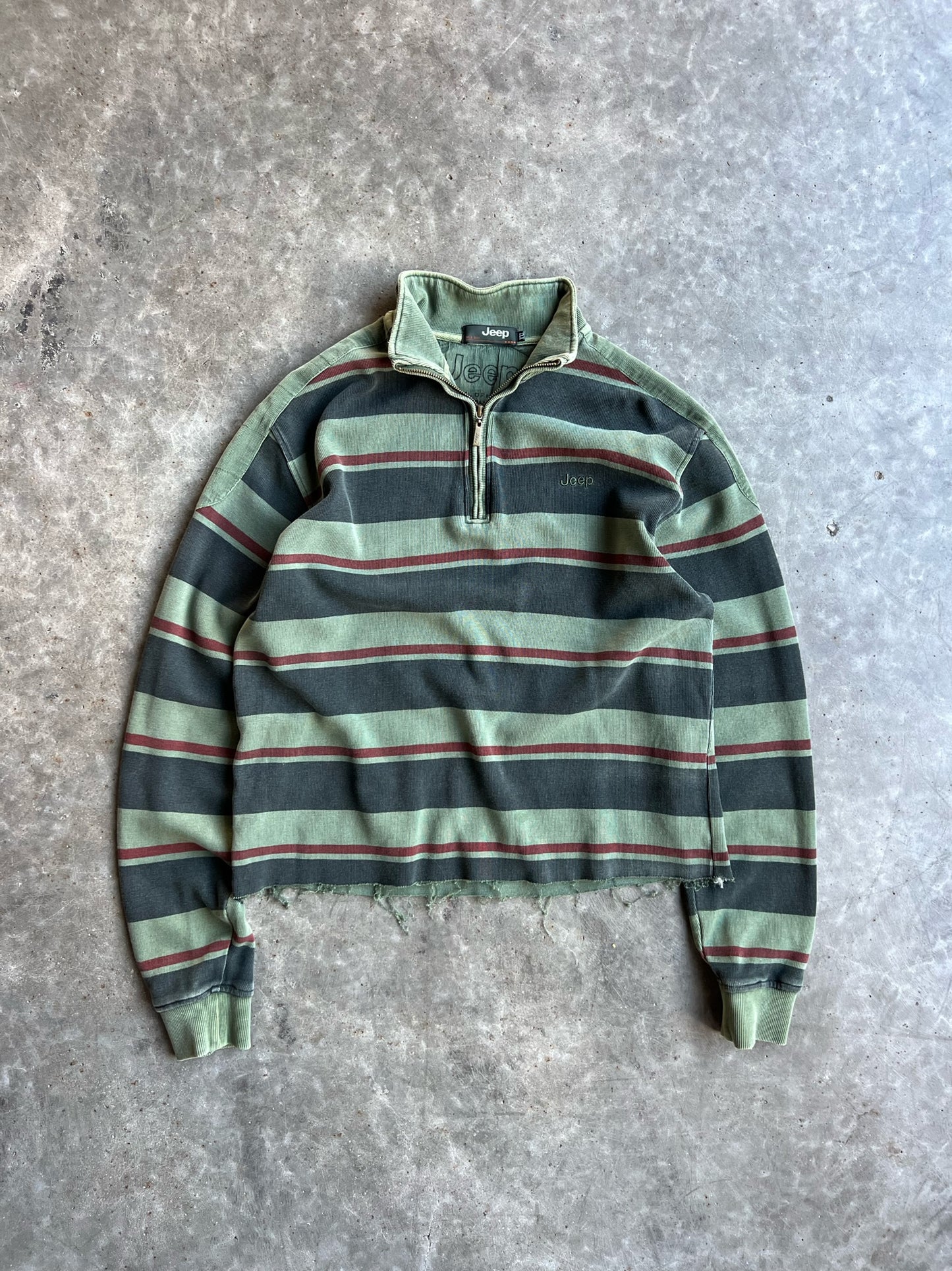 Vintage Green Striped Jeep Cropped Quarter Zip Sweater - XL