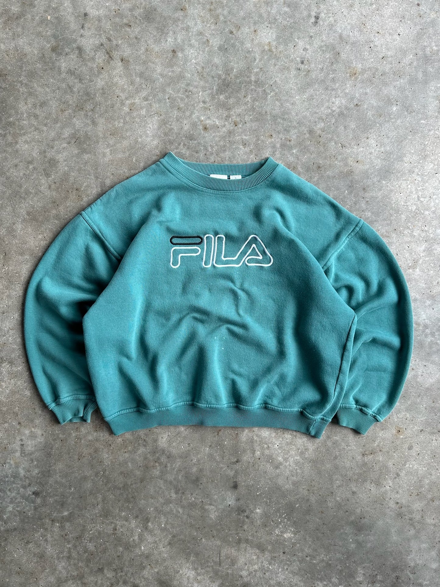 Vintage FILA Teal Spellout Crew - L