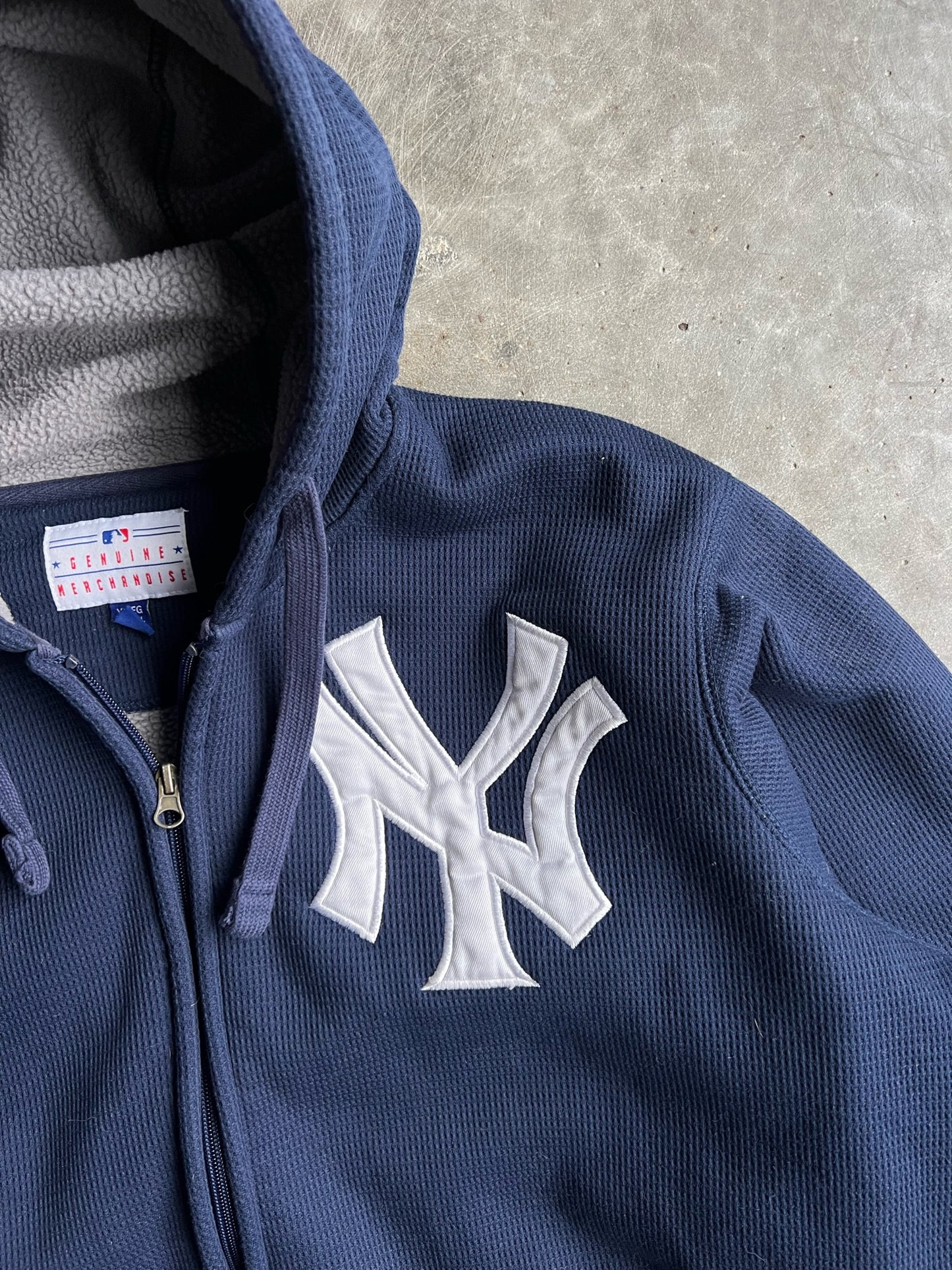 Vintage Navy Fleece Lined Thermal Yankees Zip Up Hoodie - XL