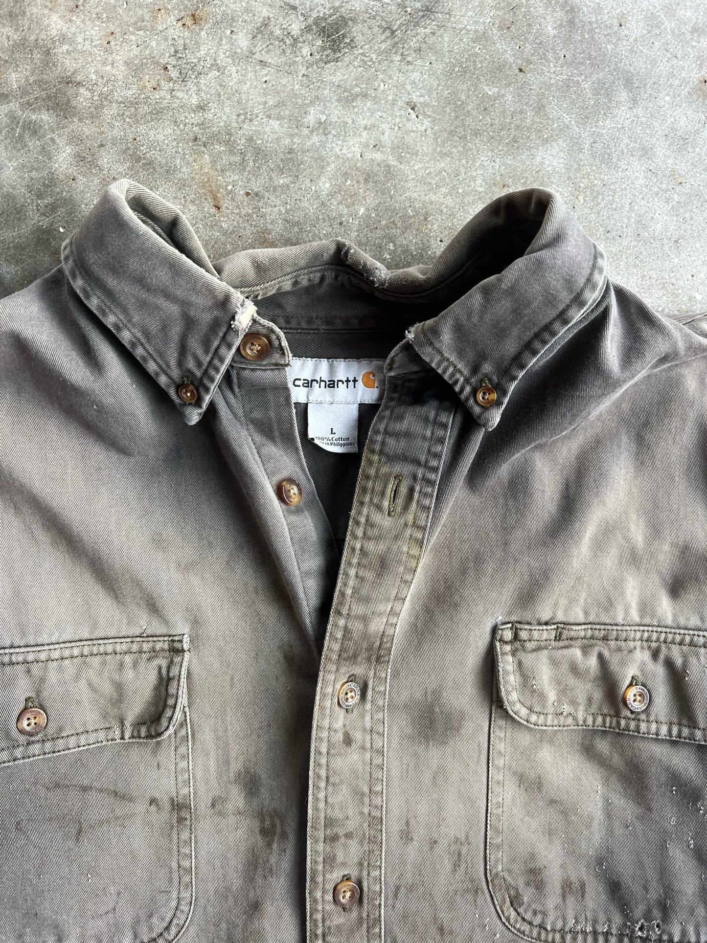 Vintage Dark Grey Distressed Carhartt Button Up - L