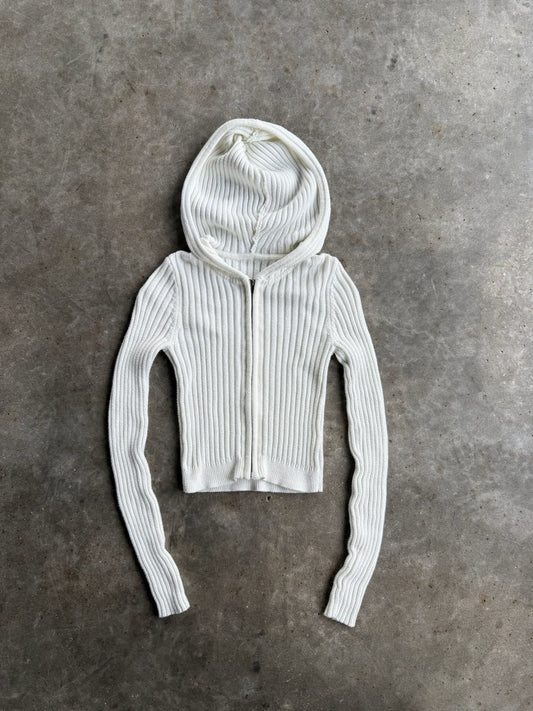 Vintage White Ribbed Hooded Sweater - XS