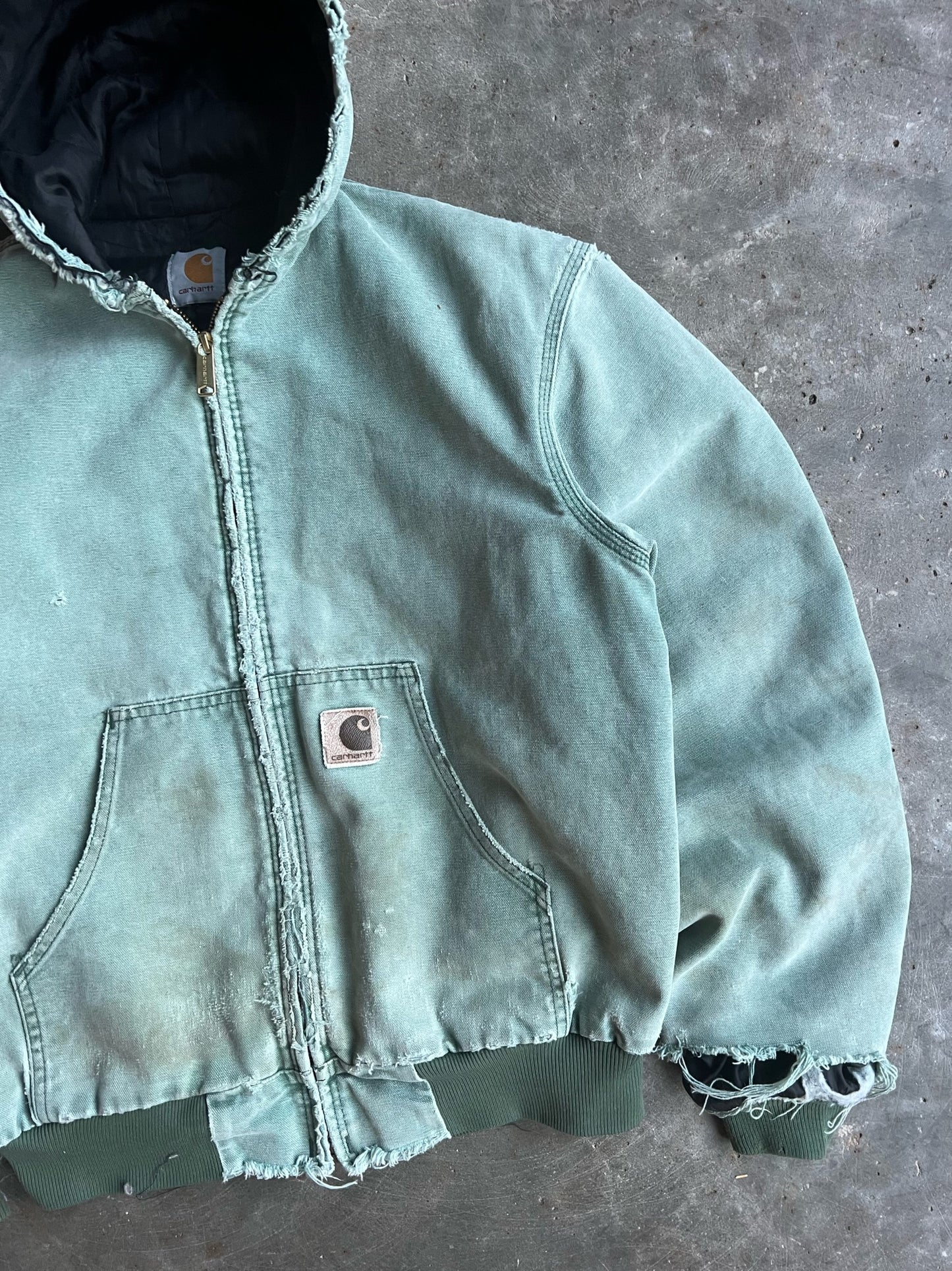 Vintage Faded Green Hooded Carhartt Jacket -S