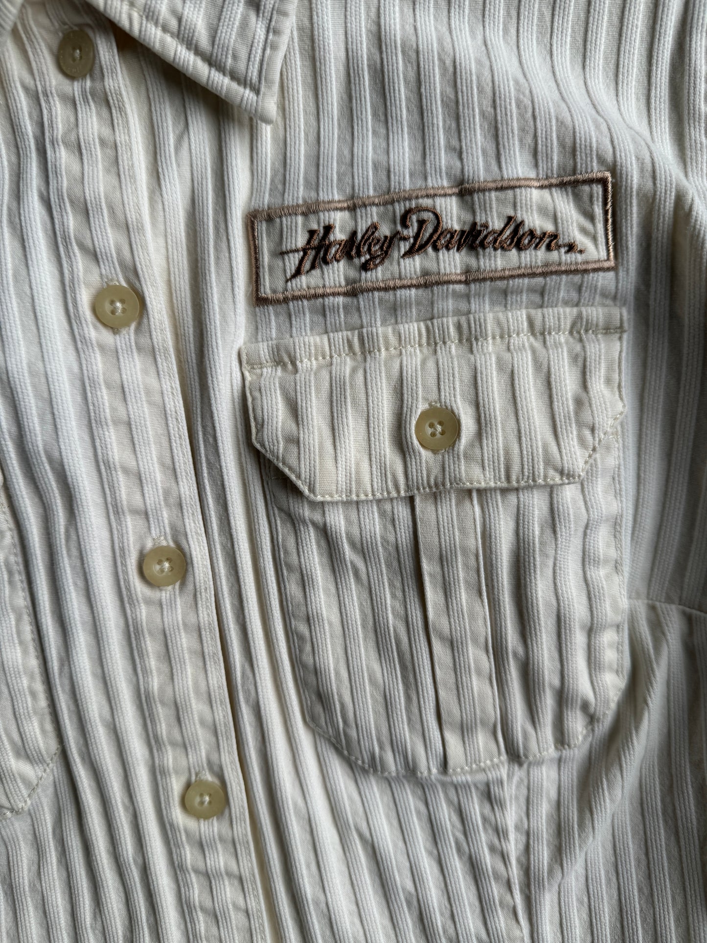 Vintage Cream Striped Harley Davidson Button-Up Long Sleeve Shirt - M