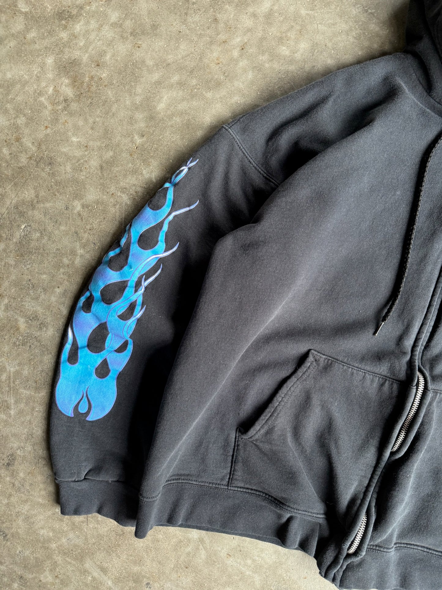 Vintage Black Blue Flame Zip Up Hoodie - L