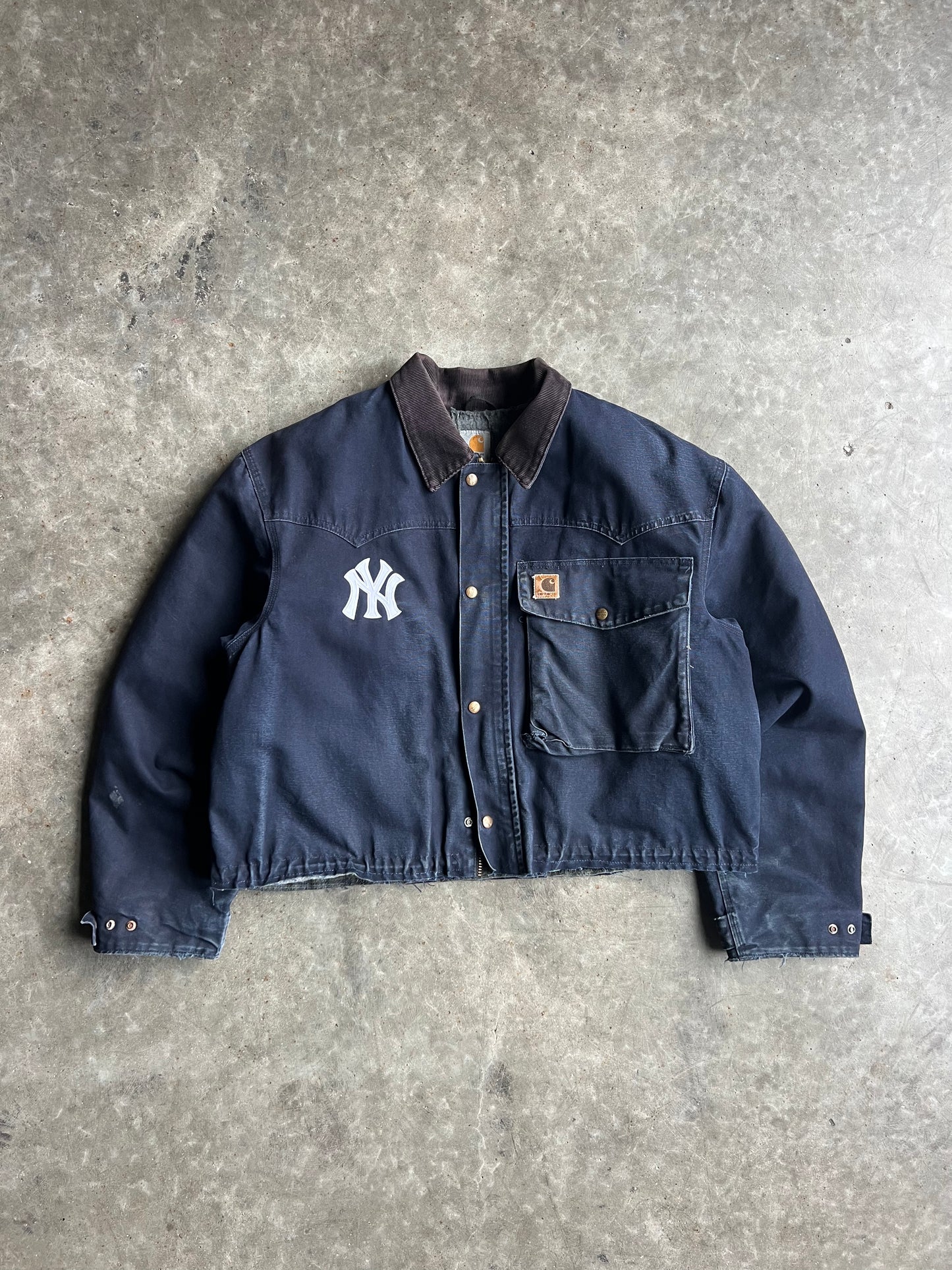 Vintage Navy Flannel Lined Cropped Yankees Carhartt Jacket - XL