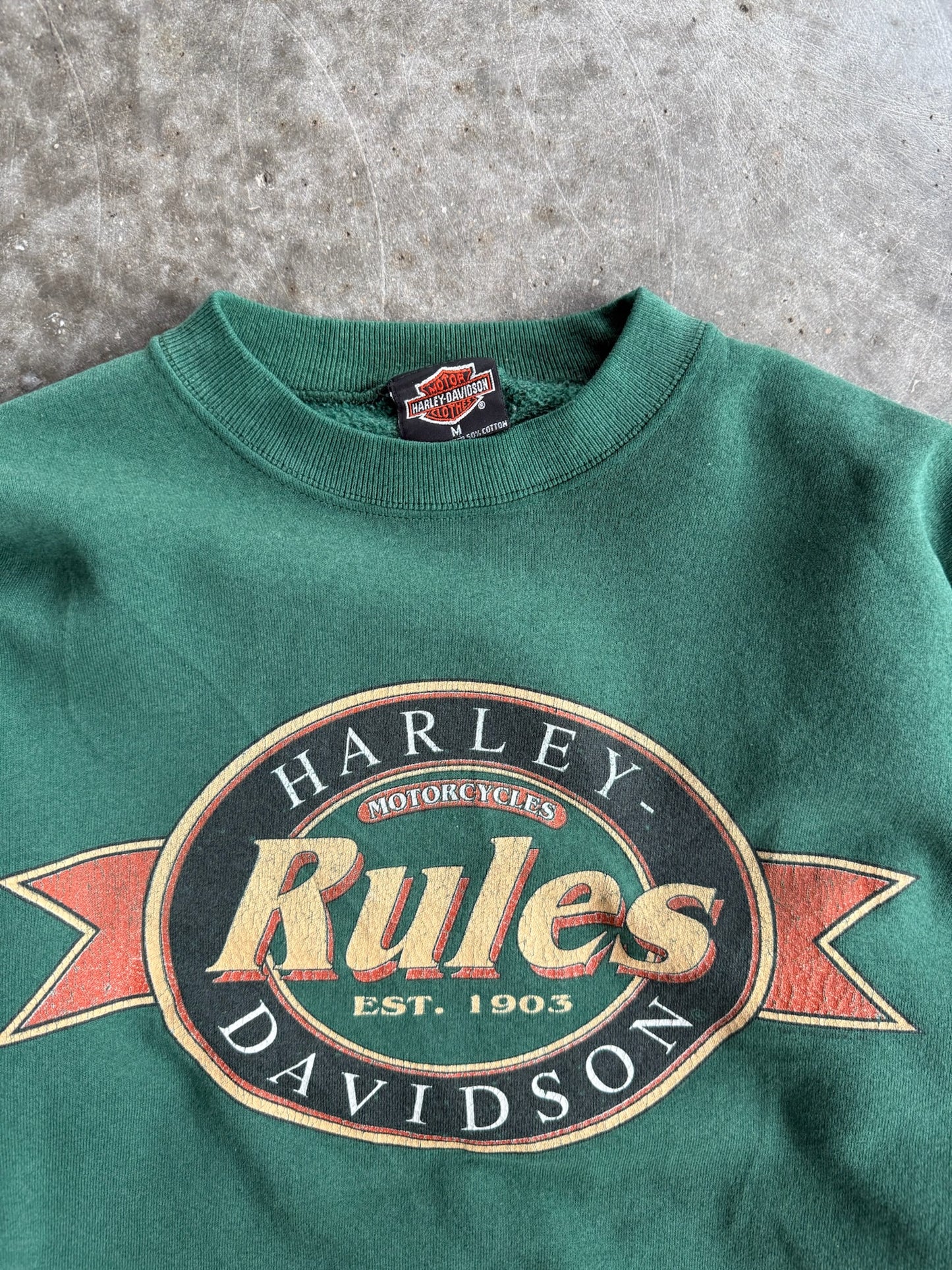 Vintage Green Harley Davidson Rules Crew - M