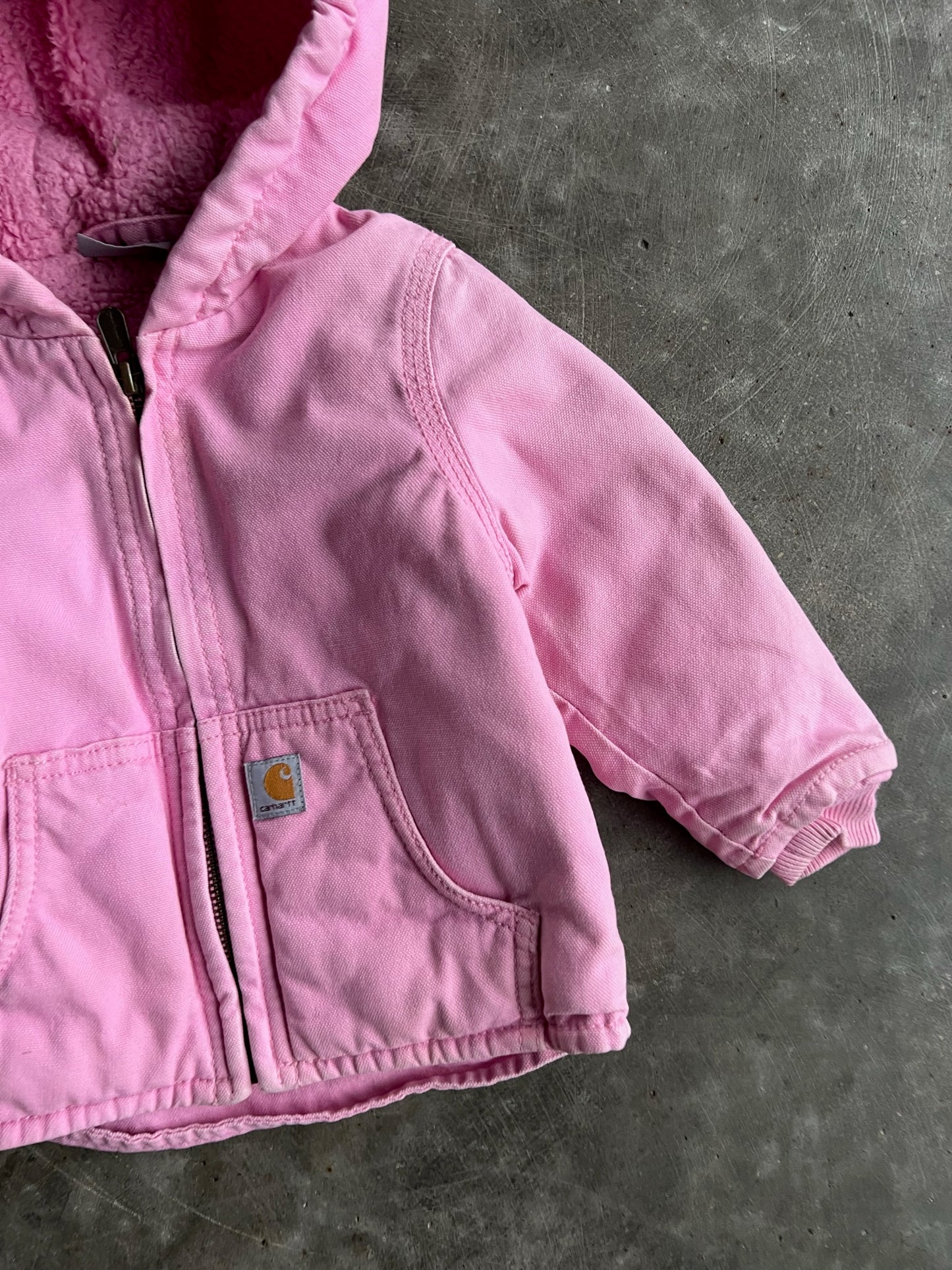 Vintage Baby Pink Sherpa Lined Hooded Carhartt Jacket - 12M