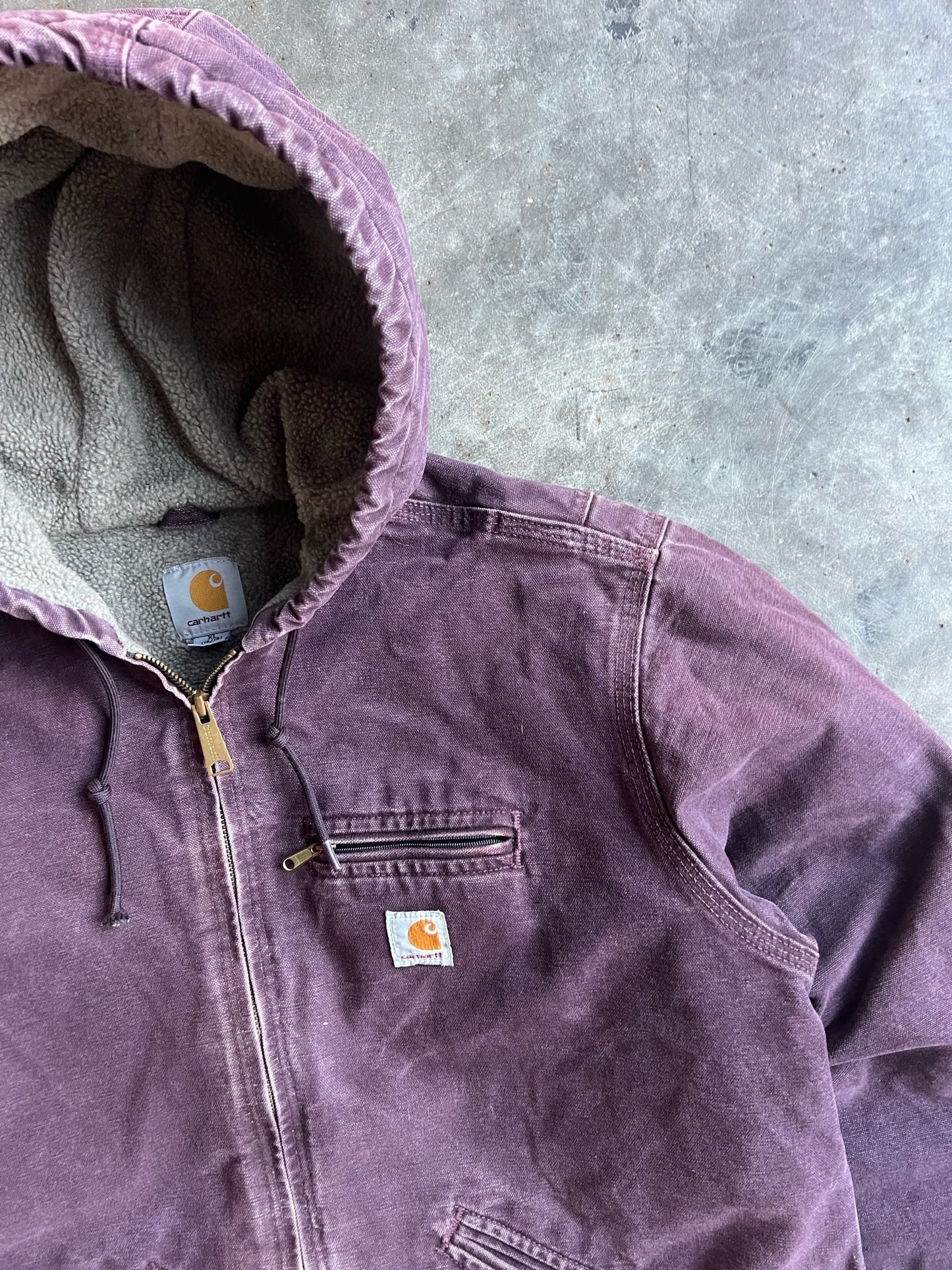 Vintage Faded Plum Sherpa Lined Hooded Carhartt Jacket - XL