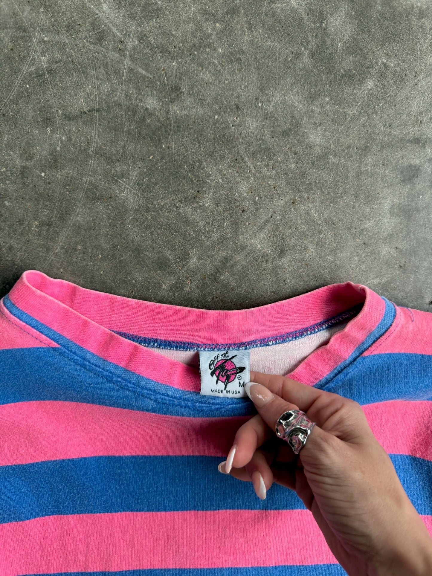 Vintage Single Stitch Pink and Blue Striped Off The Top Tee - L