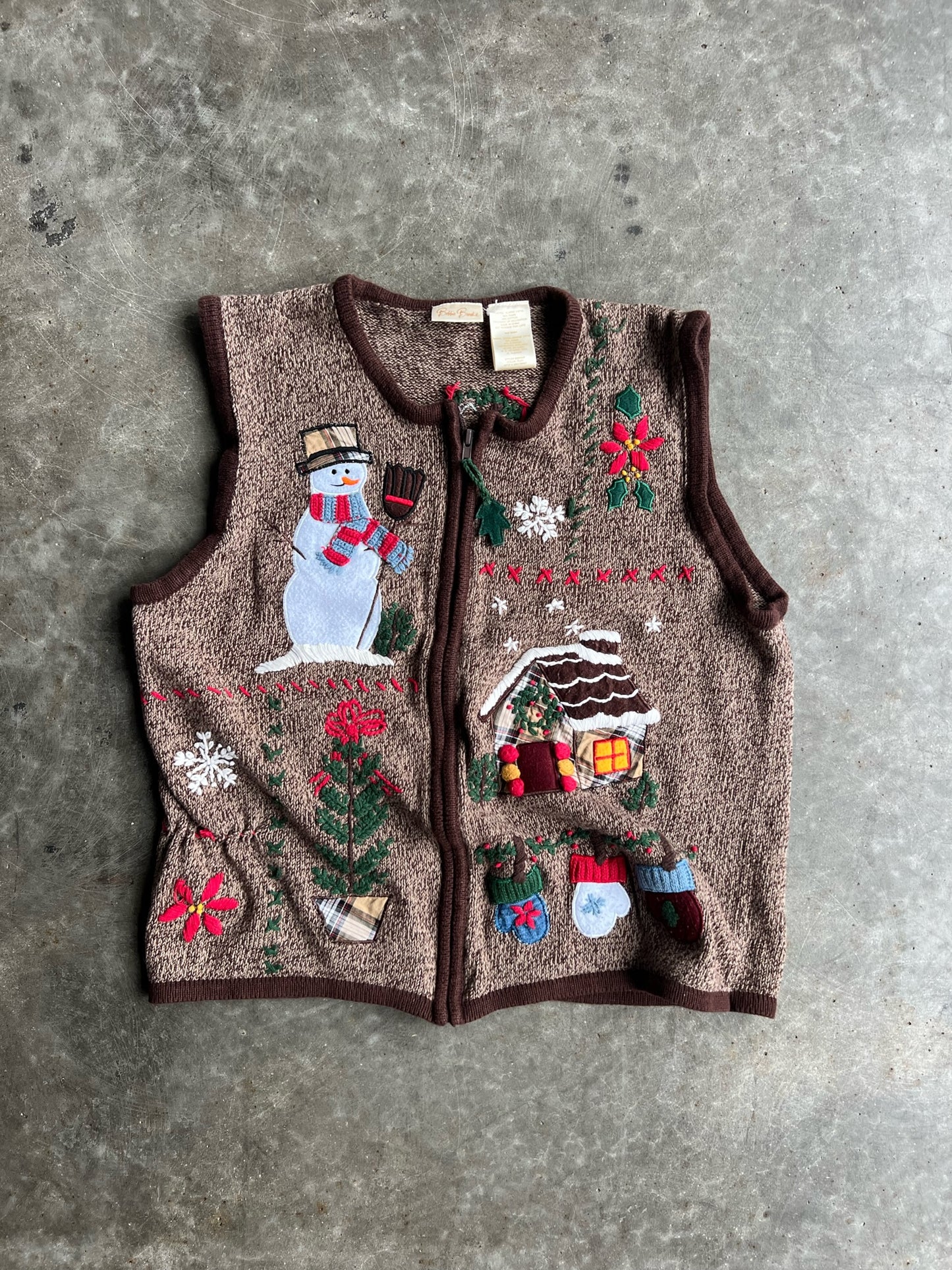 Vintage Brown Christmas Bobbie Brooks Zip Up Sweater Vest - L