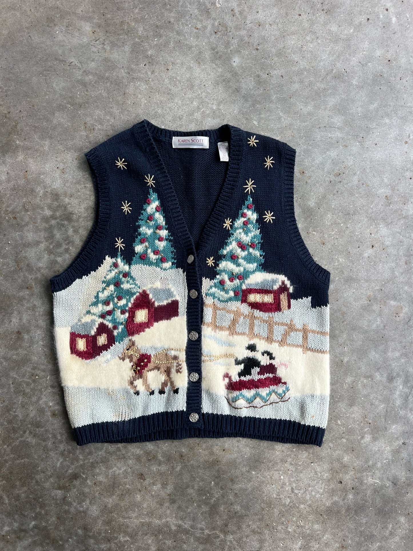 Vintage Navy Winter Scene Christmas Sweater Vest - L