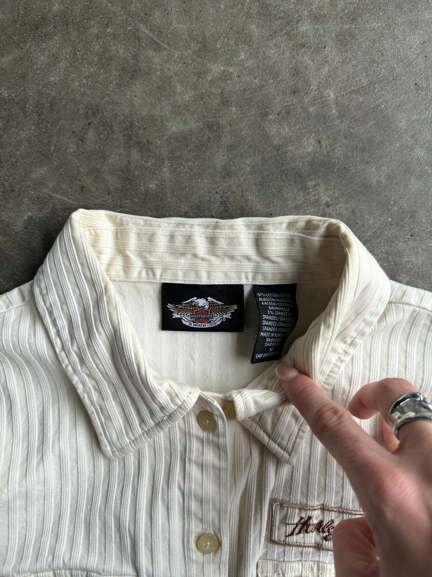 Vintage Cream Striped Harley Davidson Button-Up Long Sleeve Shirt - M