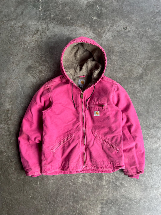 Vintage Pink Sherpa Lined Hooded Carhartt Jacket - S