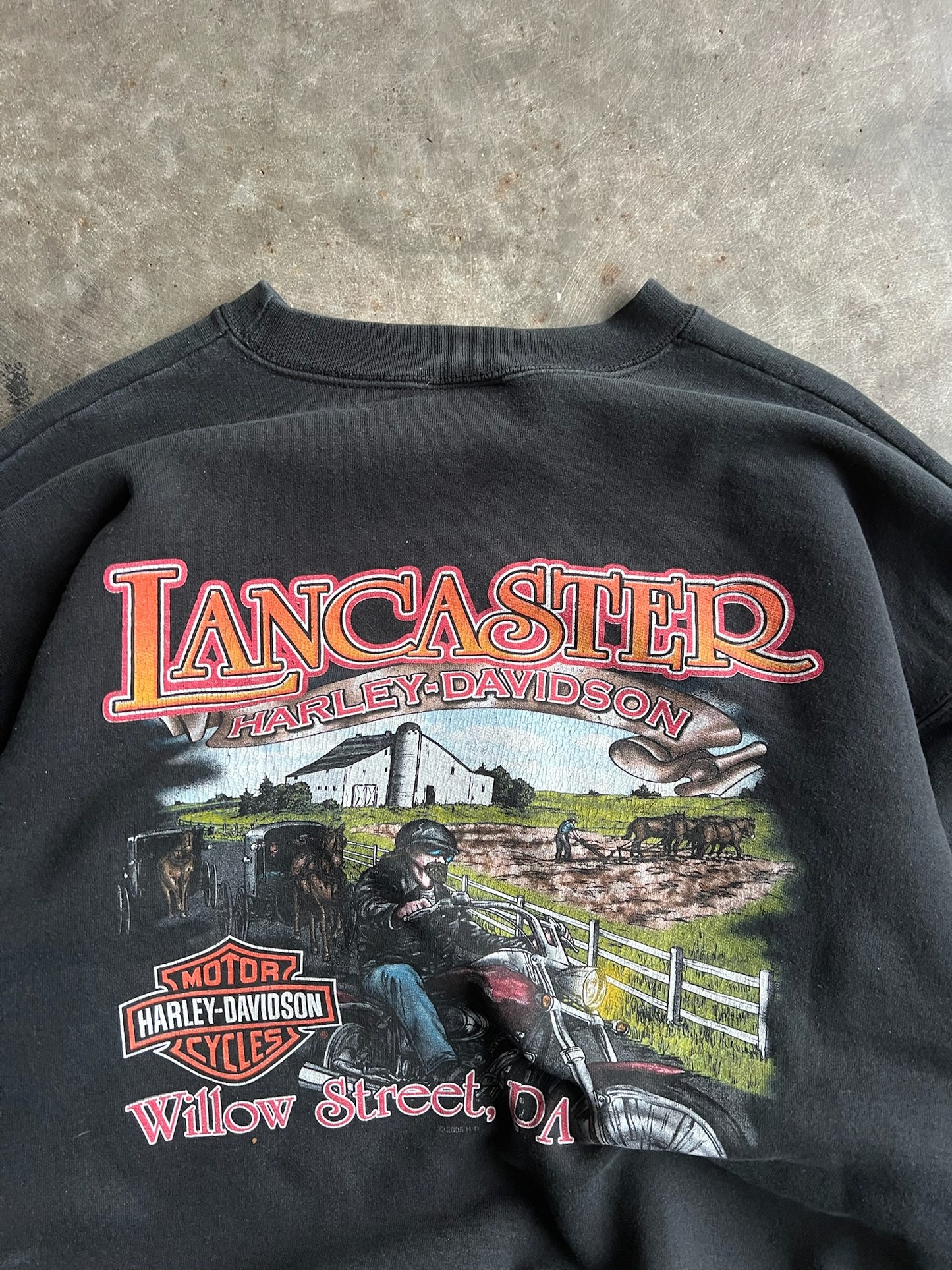 Vintage Black Lancaster Harley Davidson Crew - L