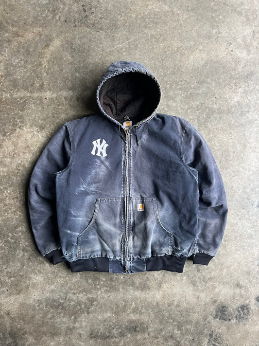 Vintage Faded Distressed Navy Yankees Hooded Carhartt Jacket - XL