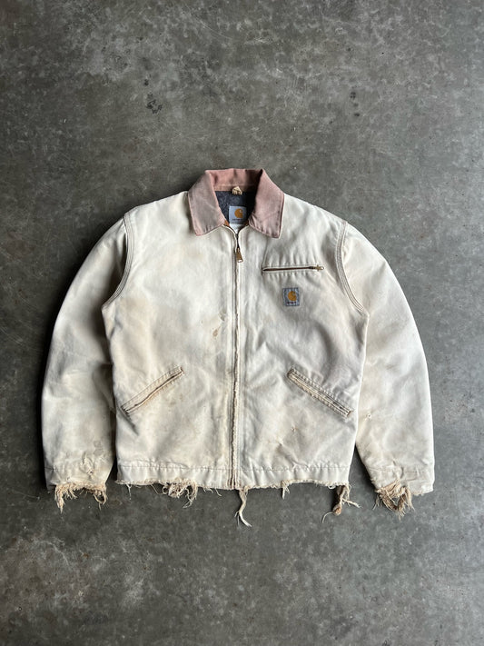 Vintage Cream Flannel Lined Distressed Carhartt Detroit Jacket - L