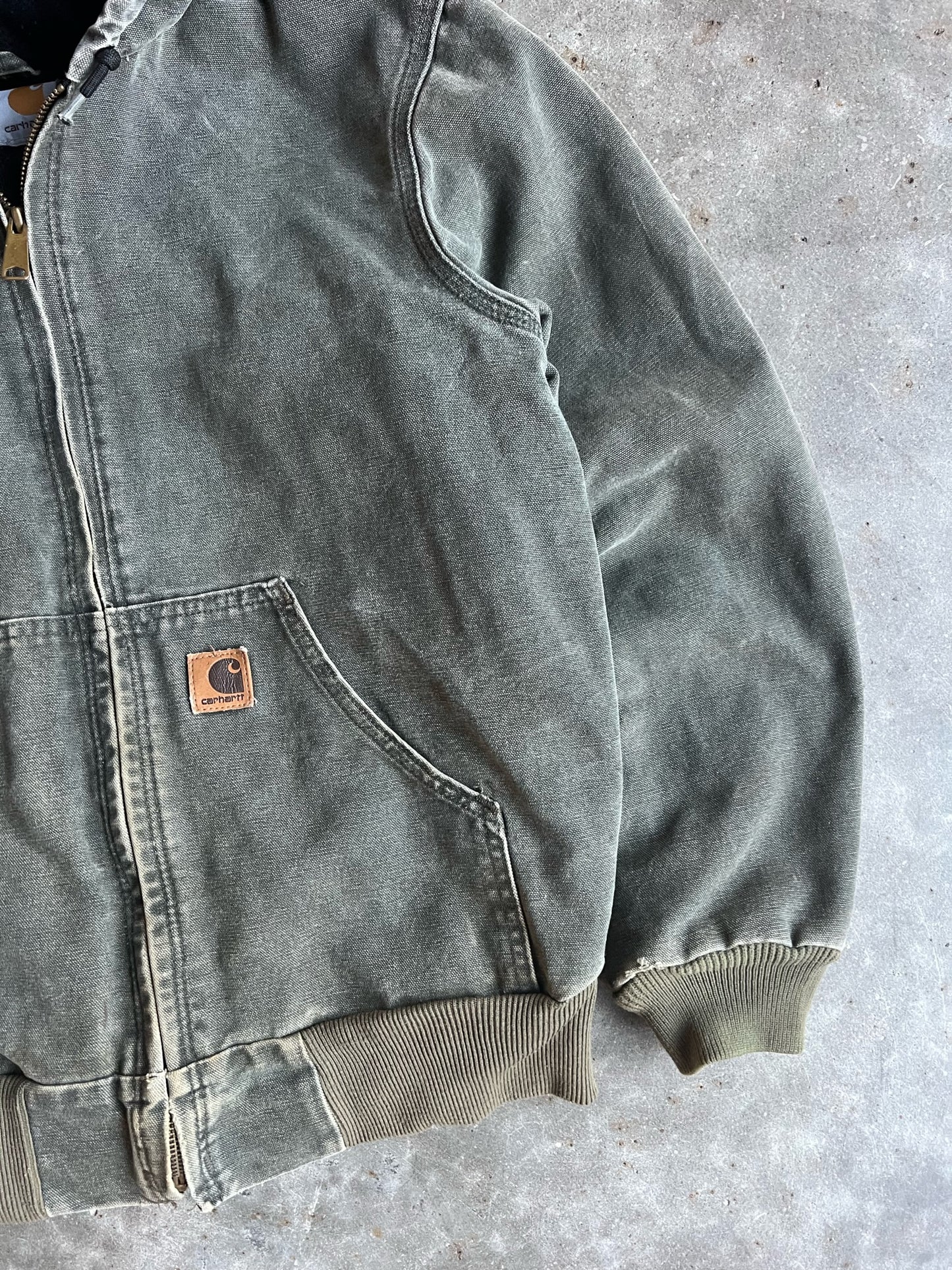 Vintage Faded Green Hooded Carhartt Jacket - M