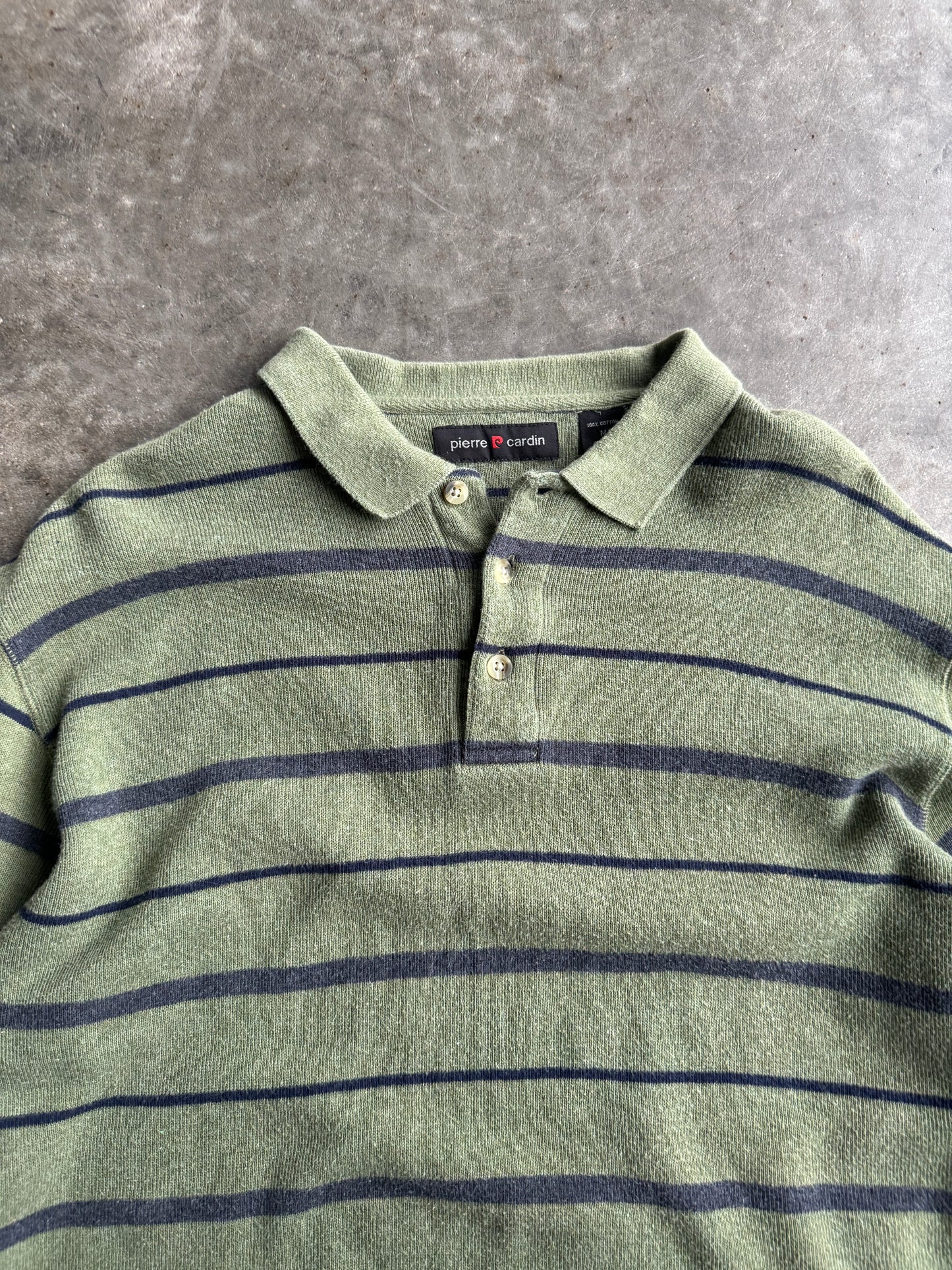 Vintage Cropped Olive Green Striped Polo Long Sleeve Shirt - M