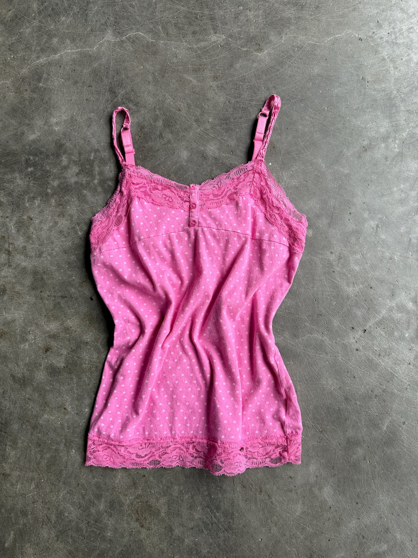 Vintage Pink Polka Dot Lace Trimmed Tank Top - M