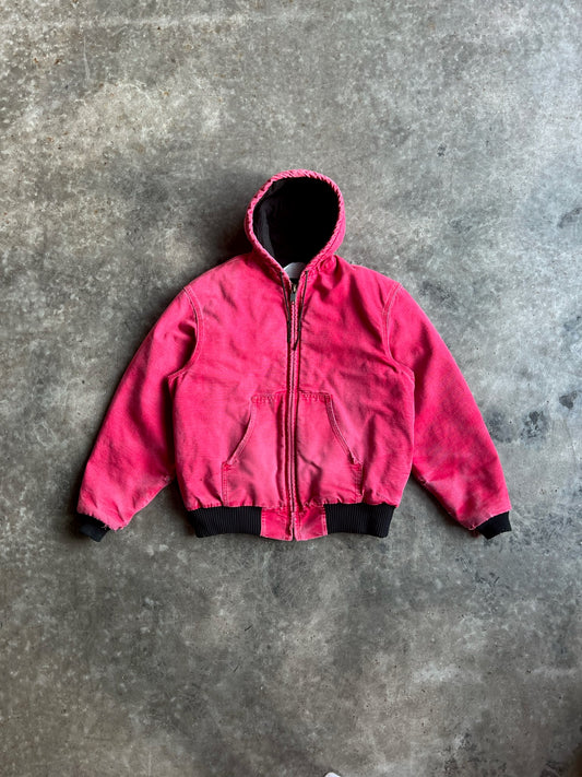 Distressed Hot Pink Hooded Carhartt Jacket - L