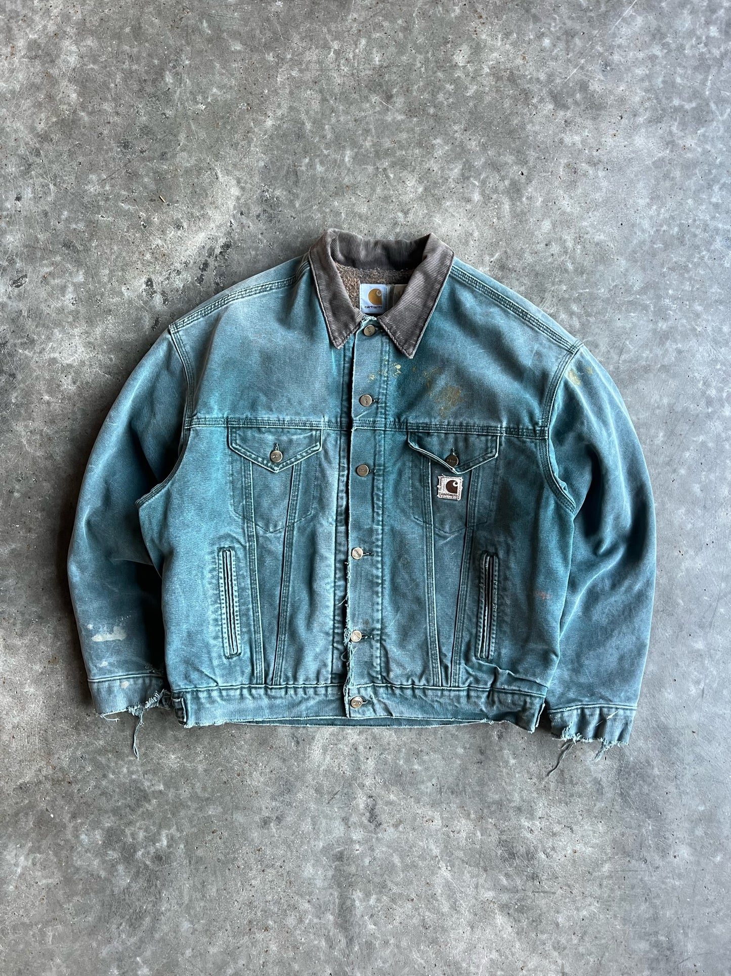 Vintage Faded Blue Green Flannel Lined Button Up Carhartt Jacket - L