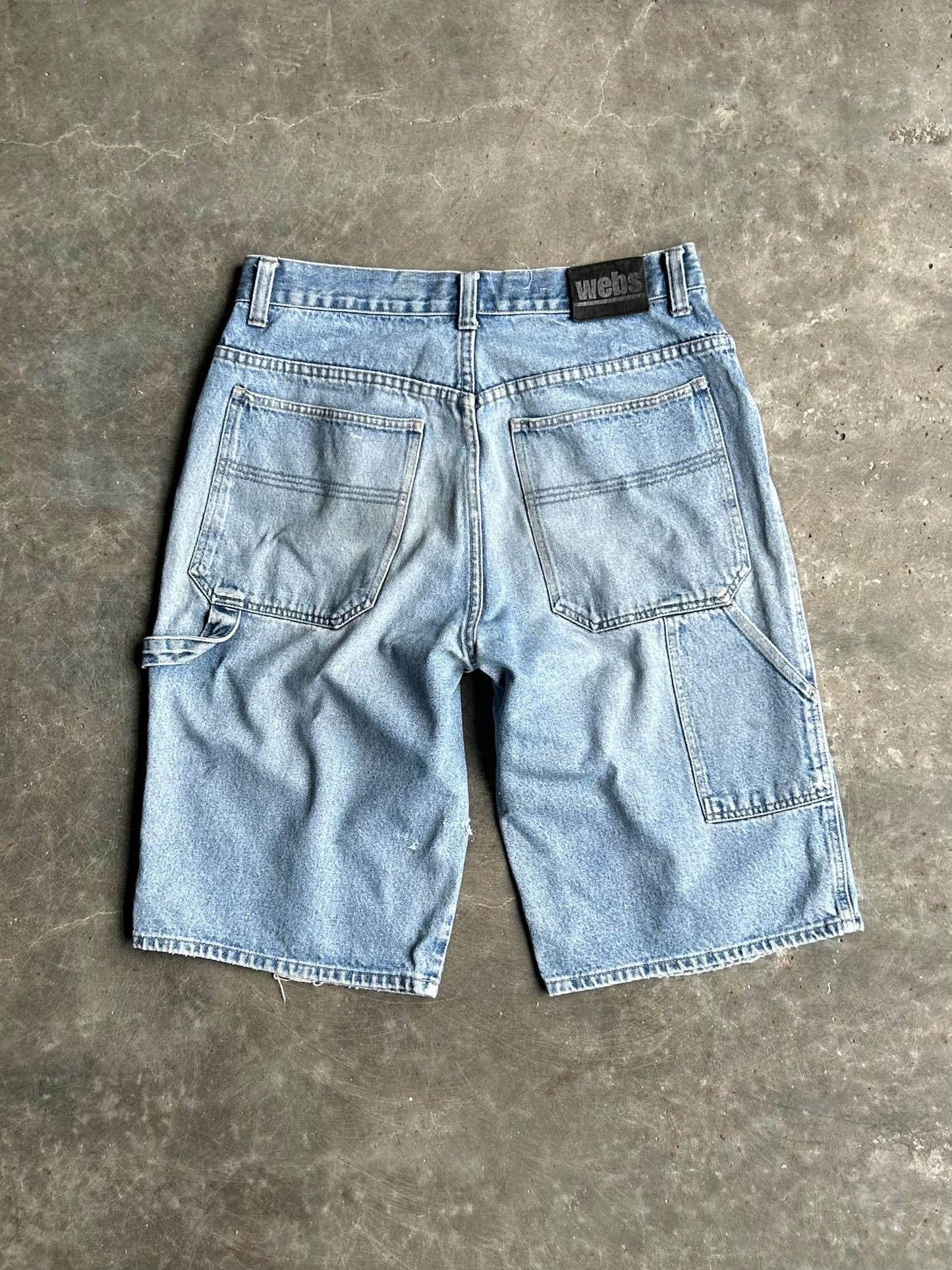 Vintage Medium Wash Webs Denim Distressed Carpenter Shorts - 32