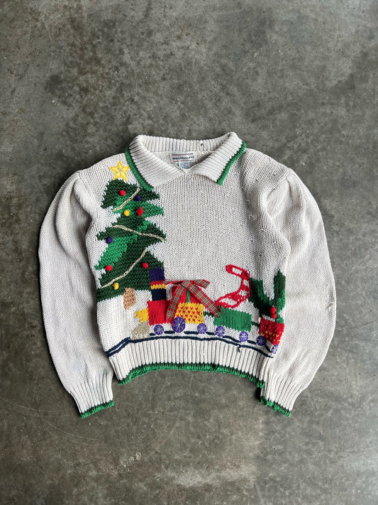 Vintage Cream Knit Collared Christmas Sweater - M