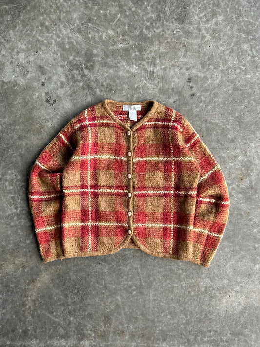 Red + Camel Button-Up Sweater - M