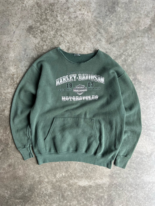 Off Shoulder Green Harley Davidson Crew - XL