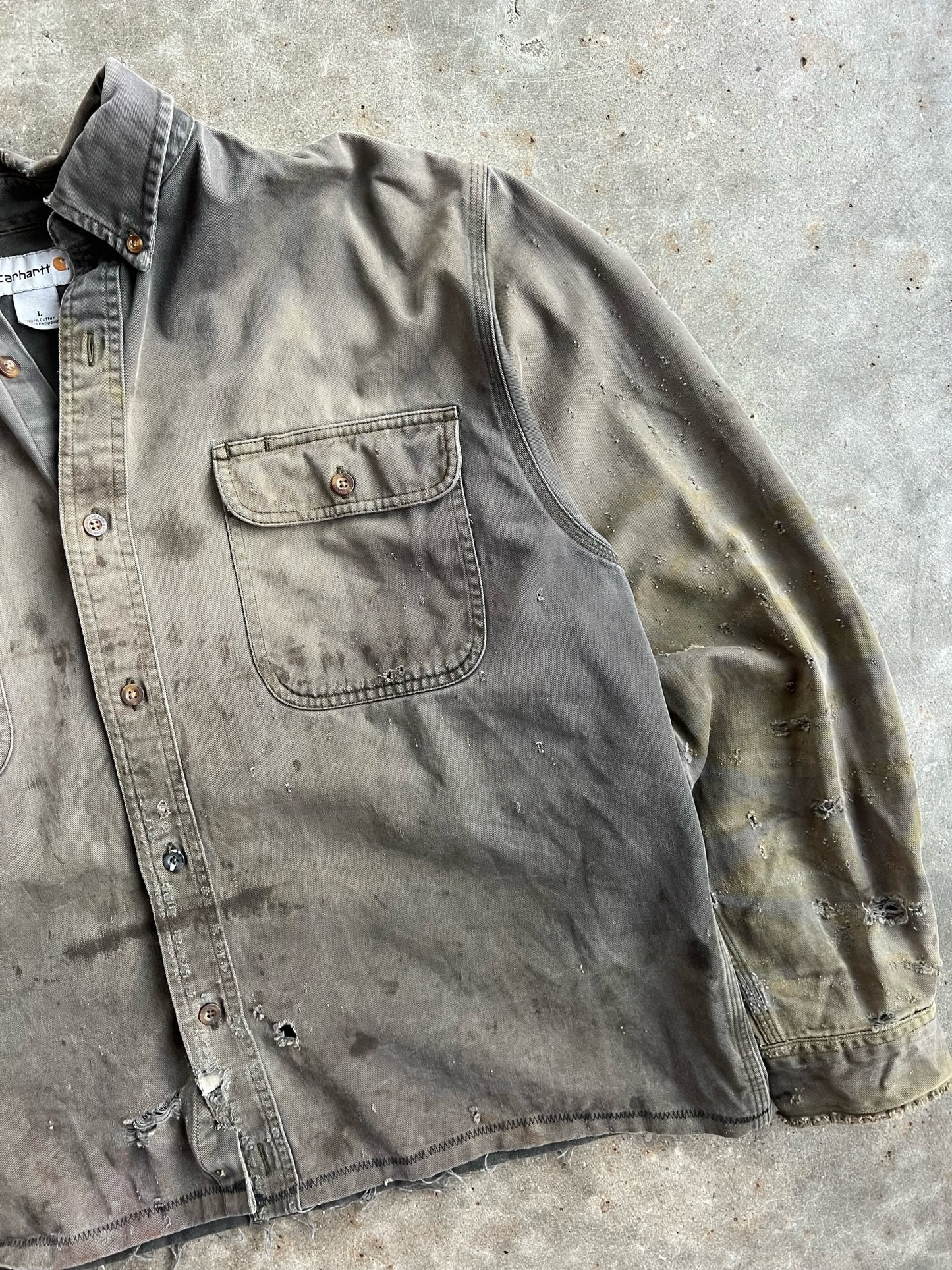 Vintage Dark Grey Distressed Carhartt Button Up - L