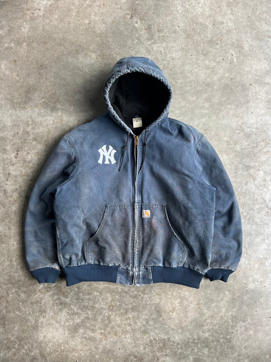 Vintage Navy Painted Distressed Yankees Hooded Carhartt Jacket - XL