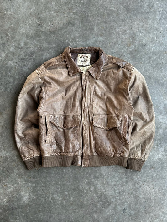 Vintage Brown Leather Bomber Jacket - S